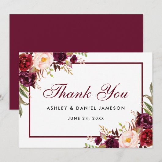 Waterverf Bloemen Bourgogne Bruiloft Bedankt SB (Voorkant / Achterkant)