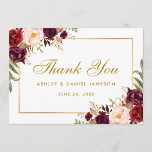 Waterverf Bloemen Bourgogne Goud Bruiloft Bedankt