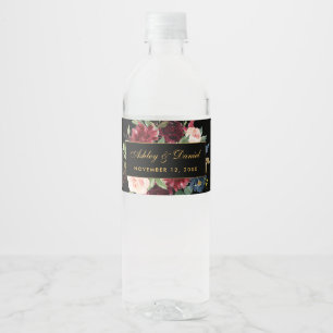 Waterverf Bloemen Bourgogne Zwart Goud Bruiloft Waterfles Etiket