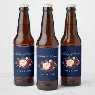 Waterverf Bloemen Bourgondië Blauw Bruiloft Bier Etiket
