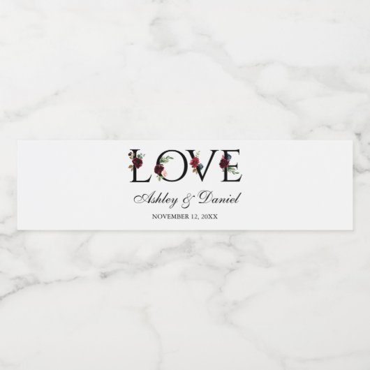 Waterverf Bloemen Bourgondië Blauw Liefde Bruiloft Waterfles Etiket (Enkel label)