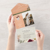 Waterverf Bloemen Bourgondië en perzik bruiloft All In One Uitnodiging (Afscheurbaar)