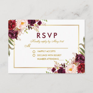 Waterverf Bloemen Bourgondië Goud Bruiloft RSVP B