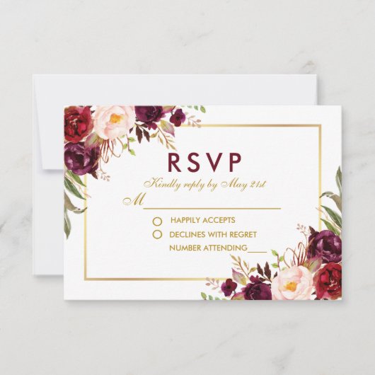 Waterverf Bloemen Bourgondië Goud Bruiloft RSVP B (Voorkant)