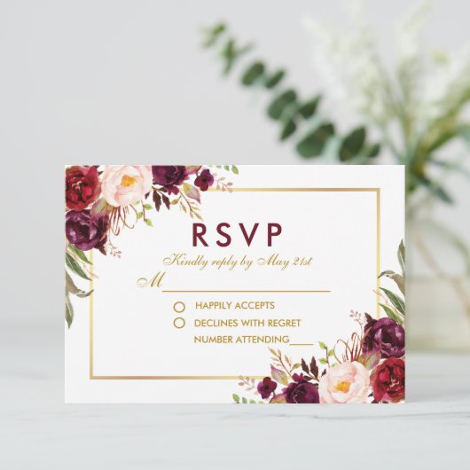 Waterverf Bloemen Bourgondië Goud Bruiloft RSVP B (Staand voorkant)