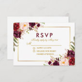 Waterverf Bloemen Bourgondië Goud Bruiloft RSVP B (Voorkant / Achterkant)