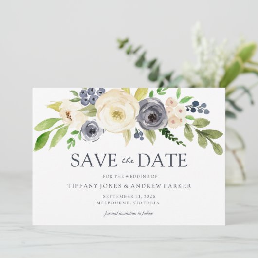 Waterverf bloemen bruiloft marineslag save the date (Staand voorkant)