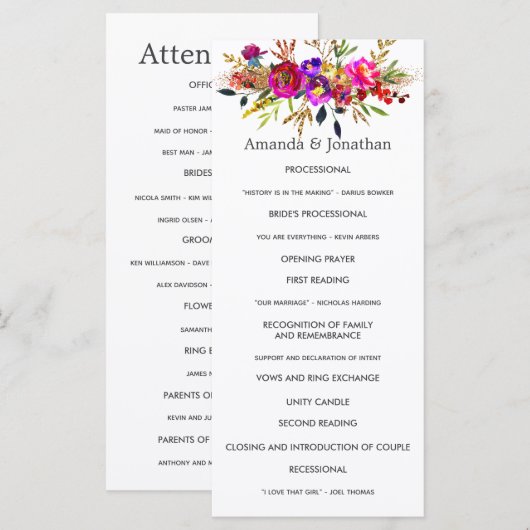 Waterverf Bloemen Bruiloftsprogramma Programma (Voorkant / Achterkant)