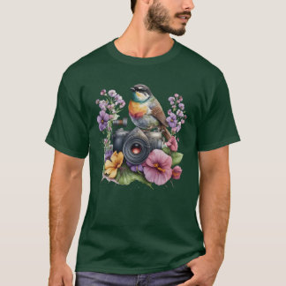 Waterverf Bloemen Camera Met Vogel Grappig T-shirt