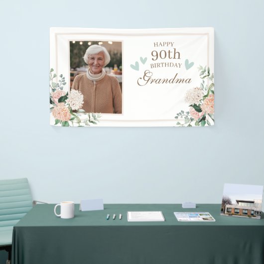 Waterverf bloemen Eén foto 90th Birthday Spandoek (Beurs)