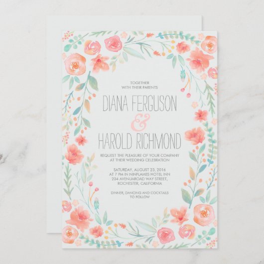 Waterverf Bloemen Elegant en Eenvoudig Bruiloft Kaart (Voorkant / Achterkant)