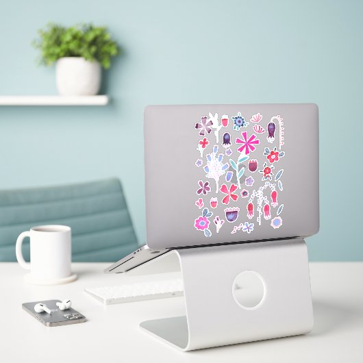 Waterverf bloemen en bloemen sticker (Laptop op bureau)