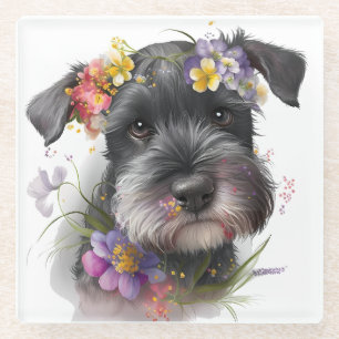 Waterverf Bloemen en Schnauzer Puppy Glazen Onderzetter
