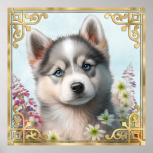 Waterverf Bloemen en Siberische Husky Puppy Poster