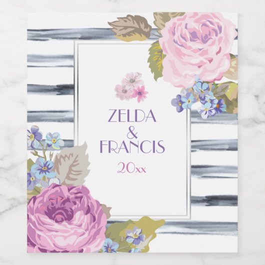 Waterverf bloemen en strips wijn etiket (Enkel label)