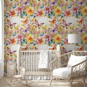 Waterverf bloemen en vlinders patroon behang