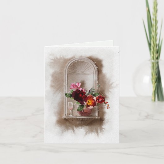 Waterverf bloemen en wijnglas kaart (Voorkant)