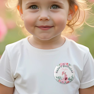 Waterverf Bloemen Giraffe Lint Meisje Verjaardag Ronde Button 5,7 Cm