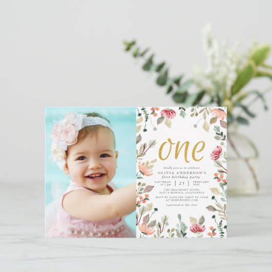 Waterverf bloemen Goud 1 eerste verjaardag Foto Kaart (Staand voorkant)