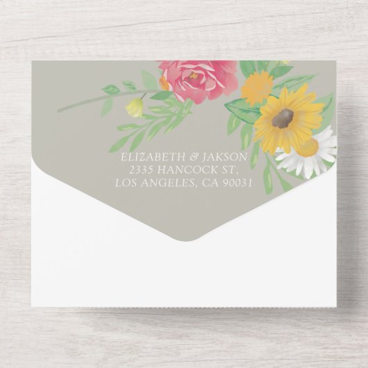 Waterverf bloemen Groen Glitter Weddenschap RSVP All In One Uitnodiging (Achterkant)