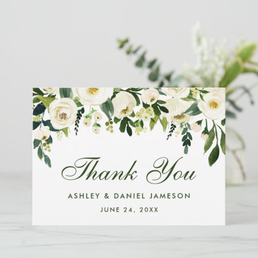 Waterverf Bloemen Groen Wit Bruiloft Dank u GS Bedankkaart (Staand voorkant)