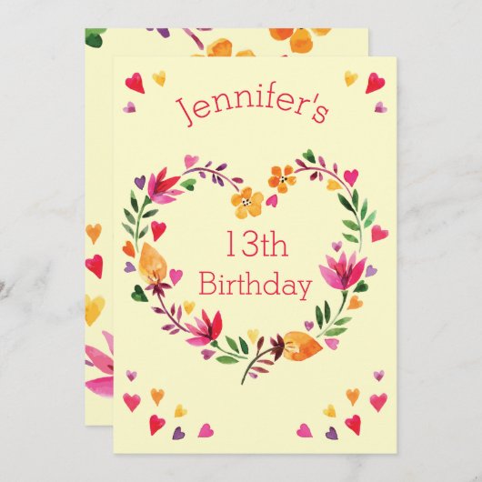 Waterverf Bloemen Hart Krans Meisje 13e Verjaardag Kaart (Voorkant / Achterkant)