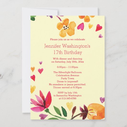 Waterverf Bloemen Hart Krans Meisje 17e Verjaardag Kaart (Achterkant)