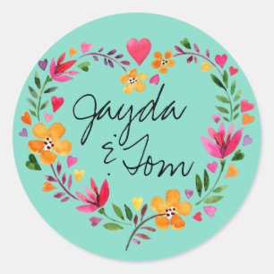 Waterverf Bloemen Hartkrans   DE KLEUR WIJZIGEN Ronde Sticker