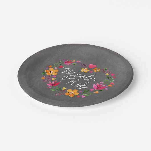 Waterverf Bloemen Hartkrans | Krijtbord grijs Papieren Bordje (Gekanteld)