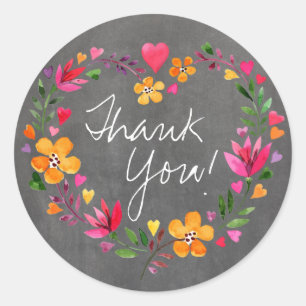 Waterverf Bloemen Hartkrans   Krijtbord grijs Ronde Sticker