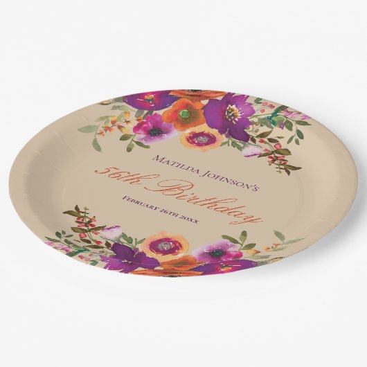 Waterverf Bloemen Herfst Verjaardagsfeest Papieren Bordje (Gekanteld)