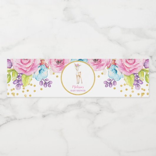 Waterverf Bloemen Herten Meisje Baby shower Waterfles Etiket (Enkel label)