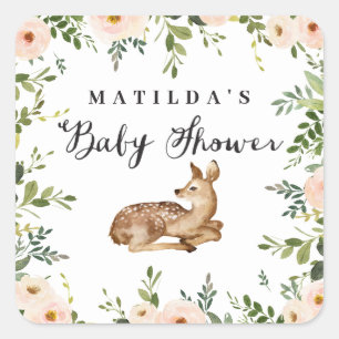 Waterverf Bloemen Herten Woodland baby shower Part Vierkante Sticker
