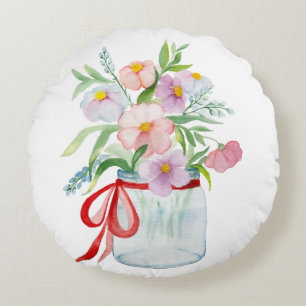Waterverf bloemen in een vaas met rib rond kussen