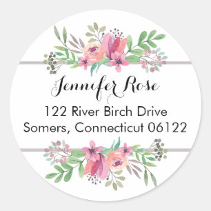 Waterverf Bloemen in Roze, Circle Adres Sticker