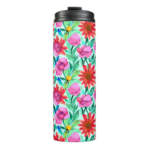 Waterverf Bloemen in Teal, Rood en Roze Thermosbeker