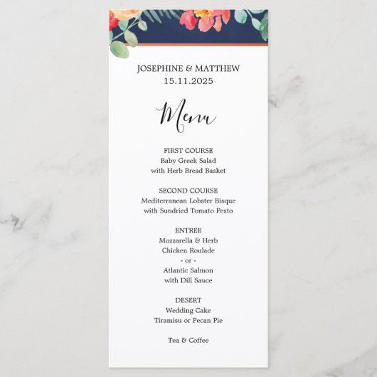 Waterverf Bloemen Koraal Navy Bruiloft Menu (Voorkant)