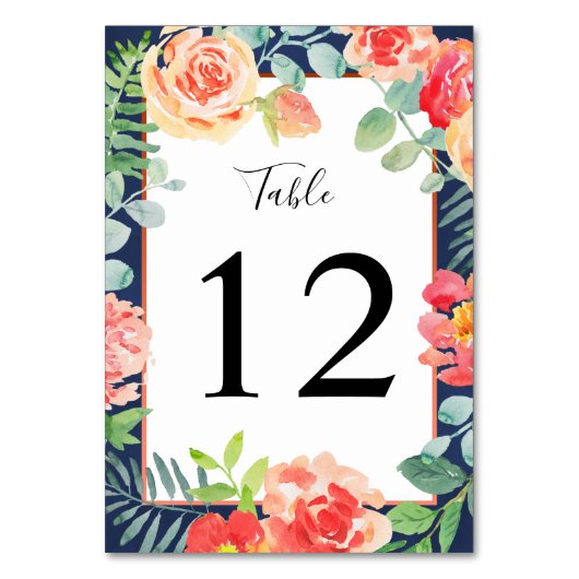 Waterverf Bloemen Koraal Navy Foliage Bruiloft Kaart (Voorkant)