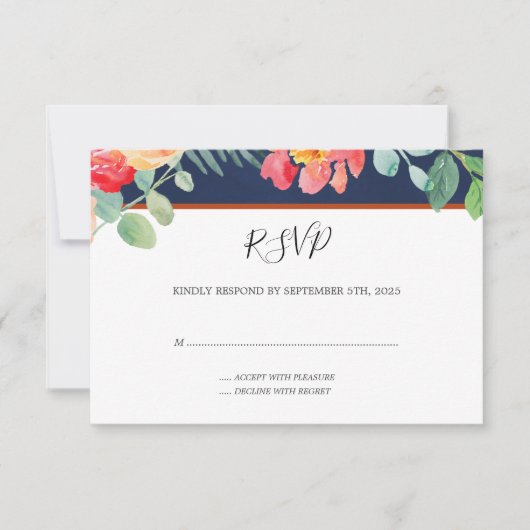 Waterverf Bloemen Koraal Navy Foliage Bruiloft RSVP Kaartje (Voorkant)