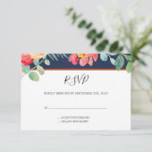 Waterverf Bloemen Koraal Navy Foliage Bruiloft RSVP Kaartje (Staand voorkant)