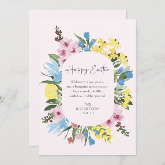 Waterverf, Bloemen lijst Happy Easter, roze Kaart (Voorkant / Achterkant)