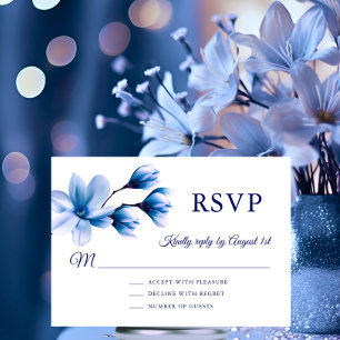 Waterverf Bloemen Magnolia Blauw Navy Bruiloft RSVP Kaartje