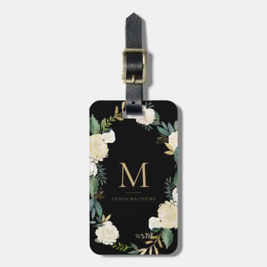 Waterverf bloemen met Gold Foil Monogram Black Bagagelabel (Voorkant verticaal)