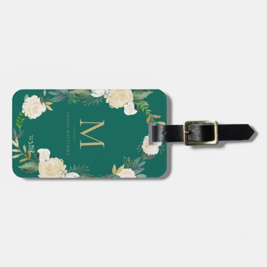 Waterverf bloemen met Gold Foil Monogram Green Bagagelabel (Voorkant horizontaal)