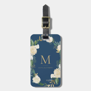 Waterverf bloemen met goudfolie Monogram blauw Bagagelabel