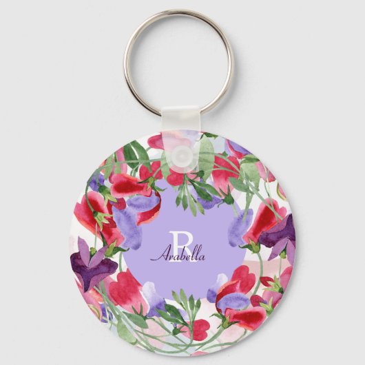 Waterverf bloemen met monogram sleutelhanger (Voorkant)
