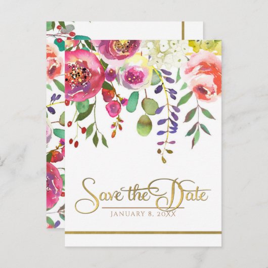 Waterverf bloemen Modern Opslaan Datum Aankondigingskaart (Voorkant / Achterkant)