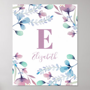 Waterverf bloemen monogram. Baby meisje. Nursery Poster
