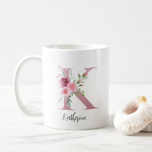 Waterverf bloemen Monogram roze K Aangepaste naam Koffiemok