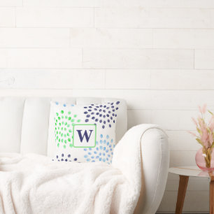 Waterverf Bloemen Mums Navy Groen Blauw Monogram Kussen